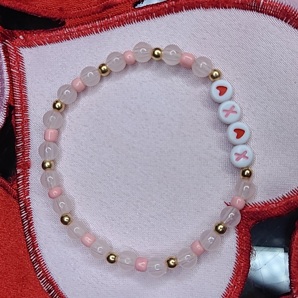 Valentines Day Bracelet Red Hearts Pink Gold XOXO Stretch Handmade Cute Gift